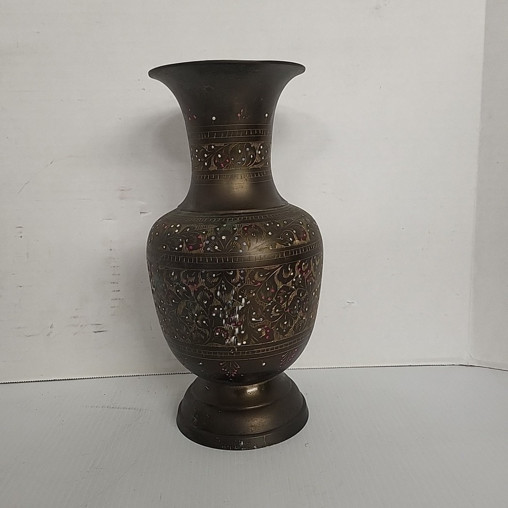 Vintage Brass Etched and Painted Vase Floral India Home Decor 12 Inch
